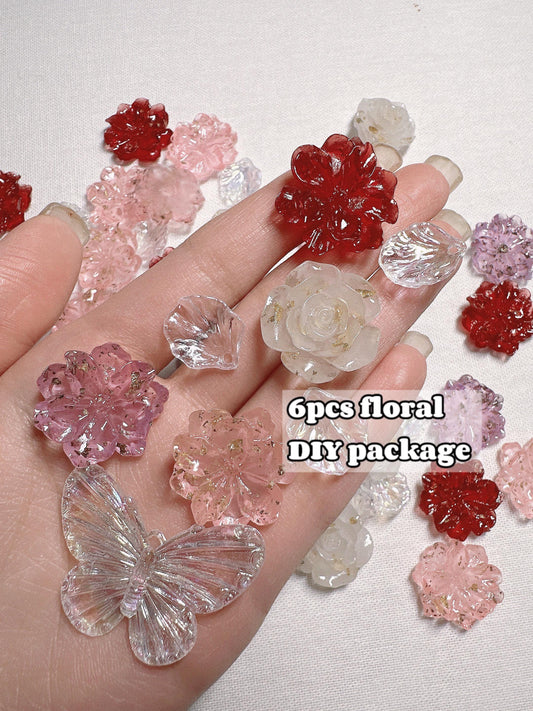 6pcs random mix Floral Theme DIY Baroque Rose Petal Butterfly charms Resin decoden cabochons Cream Glue Decoden Kits Flat-Back Craft Supply