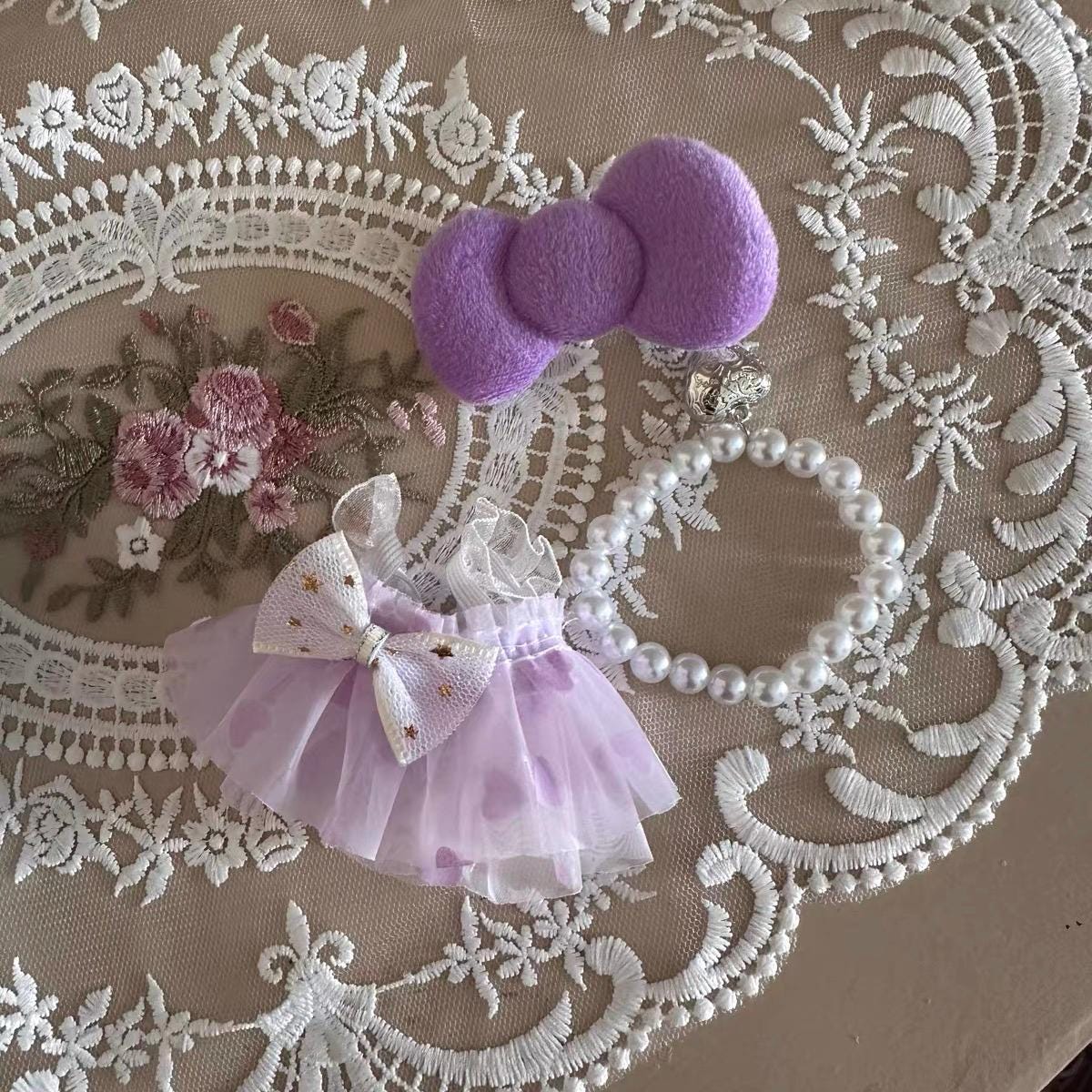 Handmade Doll Clothes Labubu Clothes β Lace Dress, Pearl Necklace & Bow Set | Cute Labubu Outfits in Blue, Pink, Purple | DIY Doll Outfit