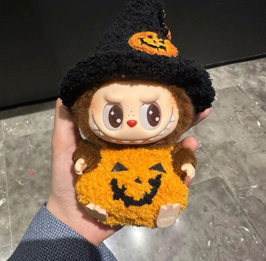 Handmade Halloween Pumpkin Labubu Outfit with Crochet Pumpkin Overalls Hat with Cute Brooch | Kawaii Crochet Clothes for Labubu Lovers