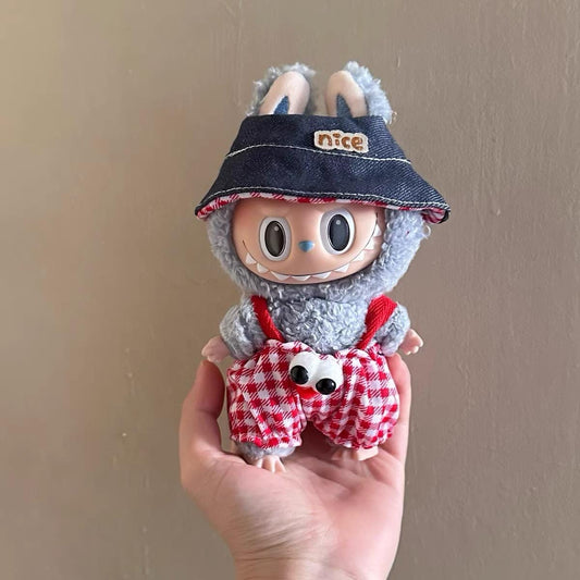 Handmade Red Checkered Overalls and Denim Bucket Hat Outfit for 17cm Dolls – Unique Labubu Clothes, Perfect Gift for Doll Collectors