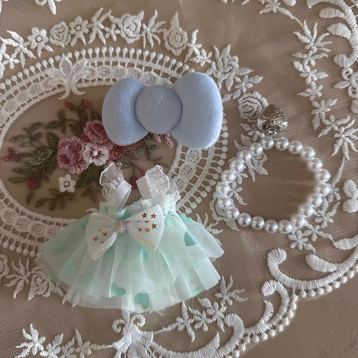 Handmade Doll Clothes Labubu Clothes β Lace Dress, Pearl Necklace & Bow Set | Cute Labubu Outfits in Blue, Pink, Purple | DIY Doll Outfit