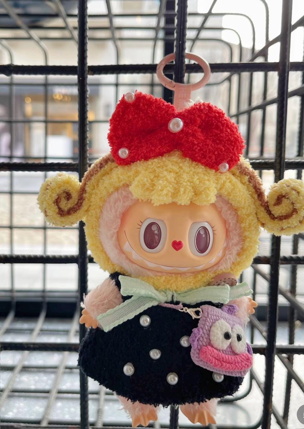 Handmade Crochet Curly Hair Girl Outfit for Macaron Labubu | Crochet Macaron Labubu Clothes Bag Charm | Kawaii Gift For Labubu Lovers