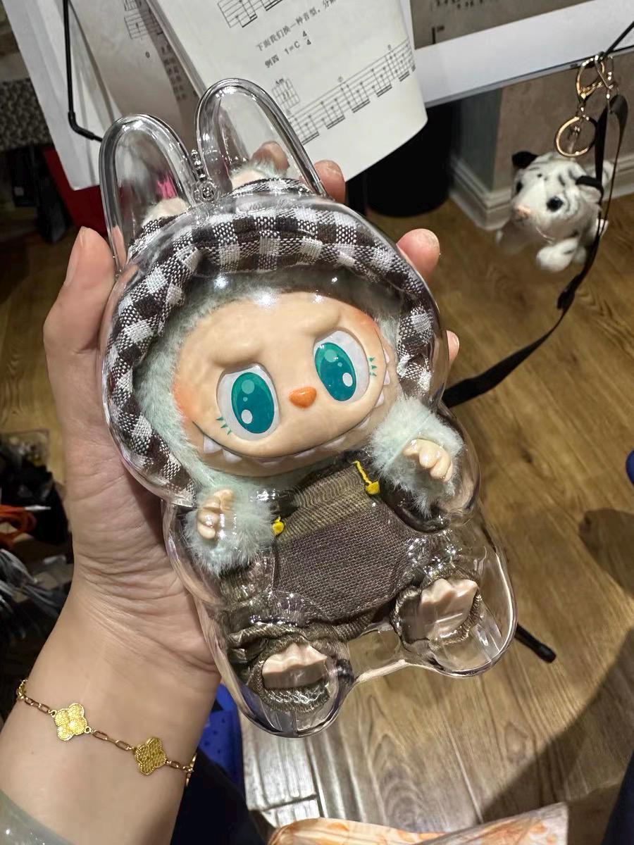 Custom Acrylic Protective Case for Labubu Keychains Handmade Bag Charm Case for Macaron& Sitting Labubus Clear Display with Chain Attachment