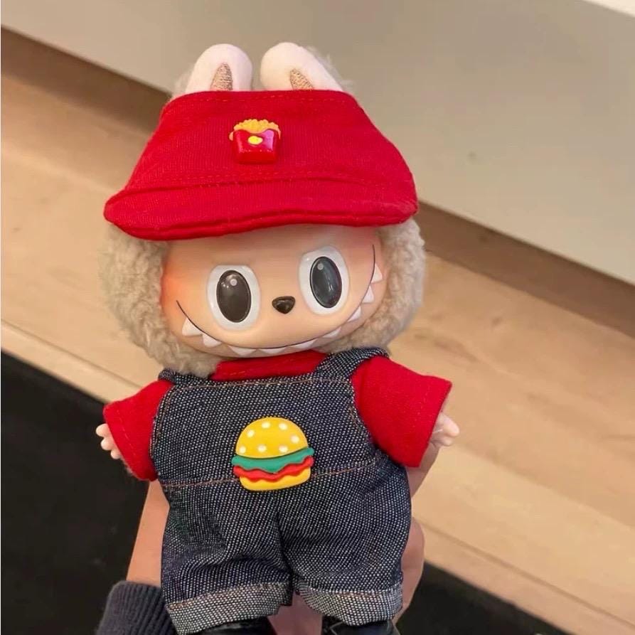 Handmade McDonald's Crew Member Labubu Outfit with McDonald's Hat | Dressmaking Designed for Macaron & Have A Seat Labubu Dolls