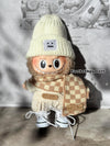 Cozy Winter Wonderland Knit Outfit for Labubu Dolls White Knit Sweater Cute Overall Beanie Scarf and White Sneakers Handmade Dressmaking Set