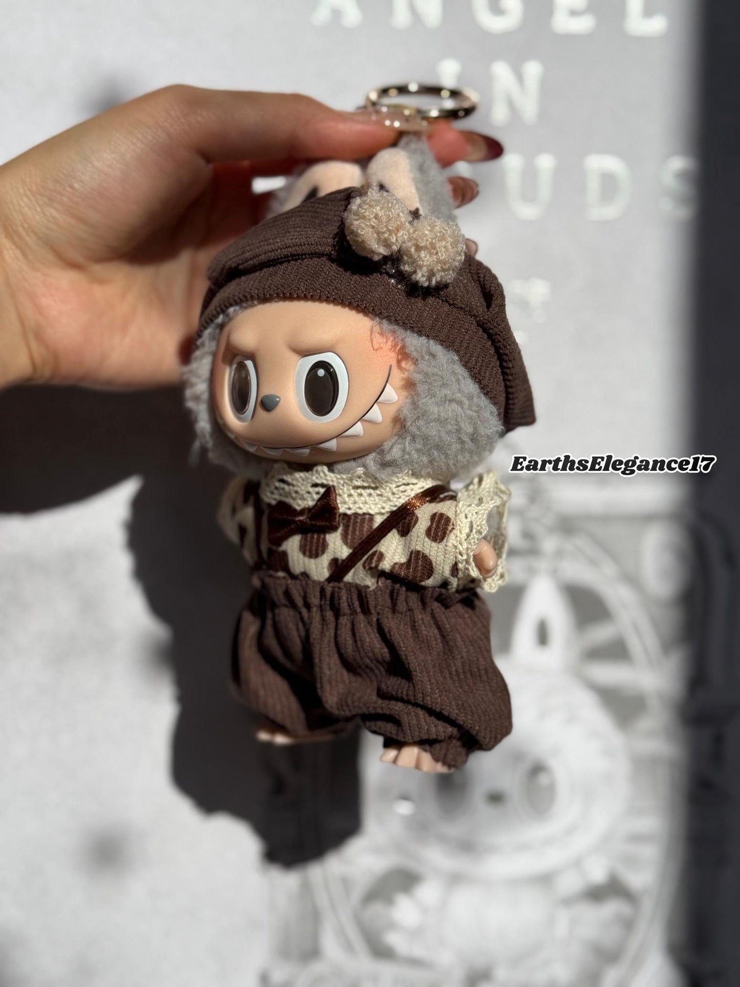 Handmade Labubu Doll Clothes - "Cozy Cocoa Set" Beret Hat w/ Pom-Poms, Lace-Trimmed Leopard Dot Shirt & Brown Overalls Gift for Collectors