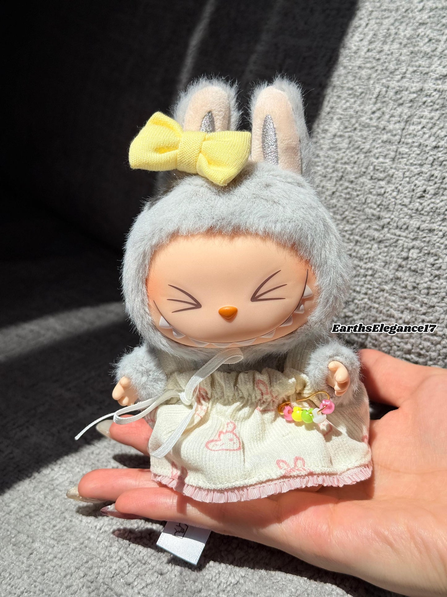 Handmade Labubu Dress with Yellow Bow| Cute Doll Outfit | Miniature Bunny Dress| Collectible Doll Clothes | Custom Doll Fashion