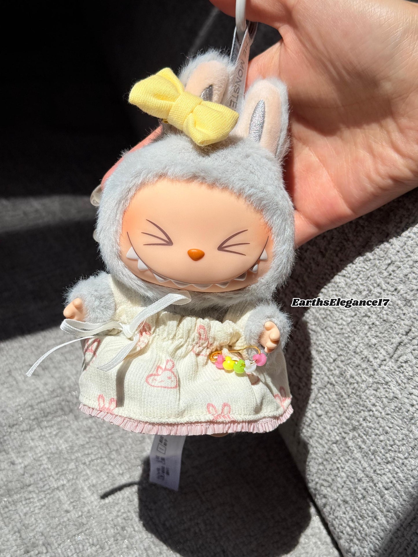 Handmade Labubu Dress with Yellow Bow| Cute Doll Outfit | Miniature Bunny Dress| Collectible Doll Clothes | Custom Doll Fashion