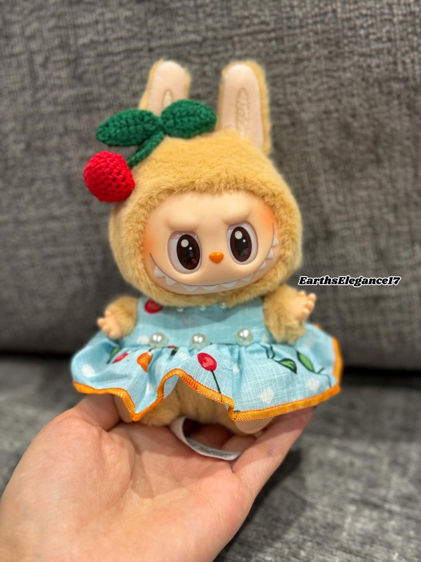 Handmade Labubu Cherry Dress Set for Macaron "Have a Seat" Series | Cotton Fabric Doll Outfit with Crochet Cherry Headpiece| Labubu Dress