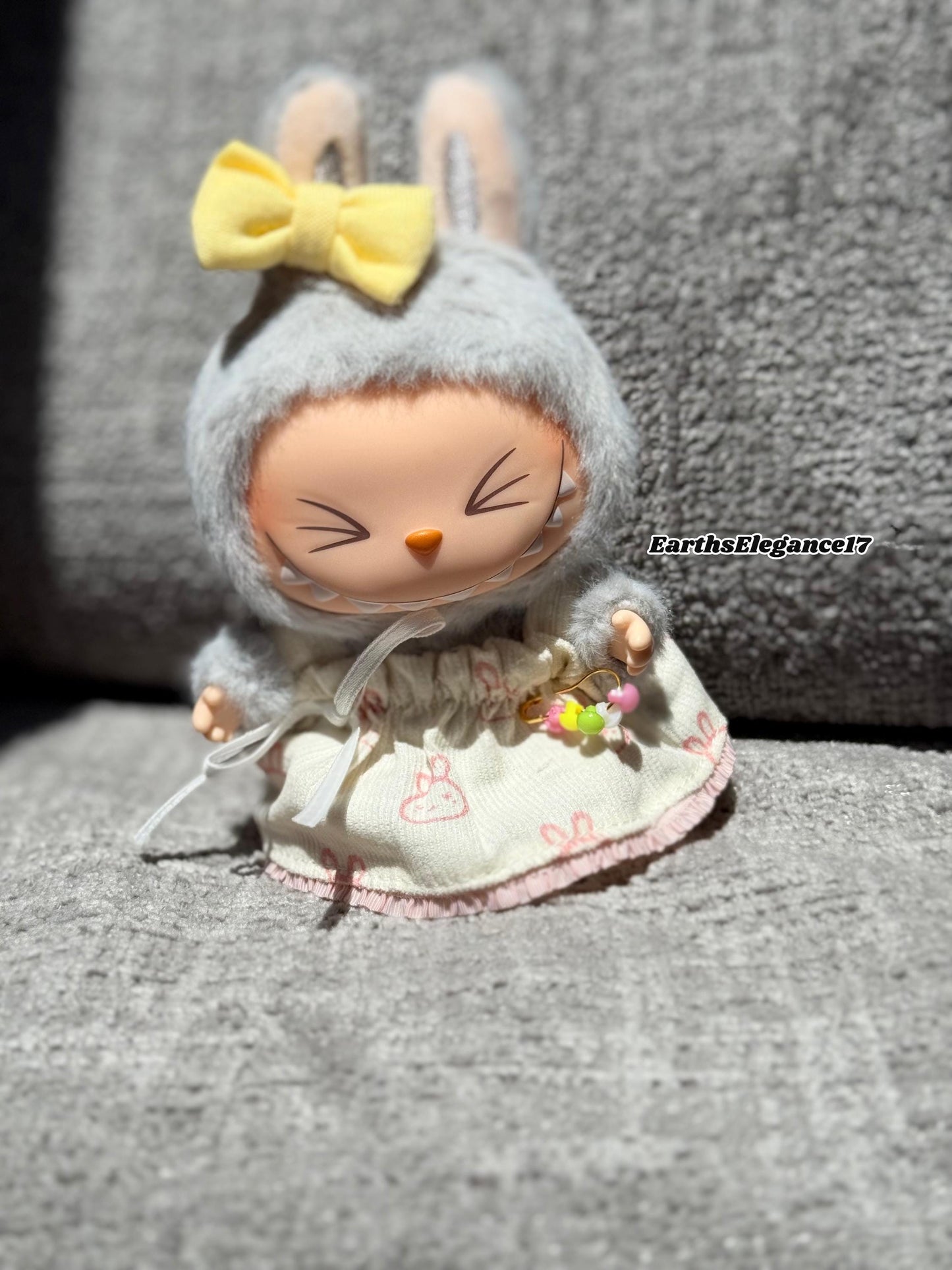 Handmade Labubu Dress with Yellow Bow| Cute Doll Outfit | Miniature Bunny Dress| Collectible Doll Clothes | Custom Doll Fashion