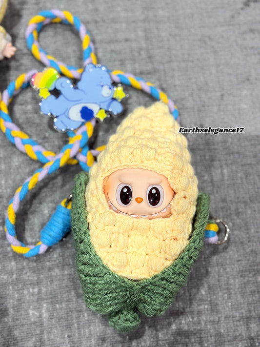 Handmade Crochet Labubu Outfit Cute Corn Costume for 17cm Dolls, Labubu Clothes, Labubu Outfits, Macaron & Seat Labubu Accessories, String