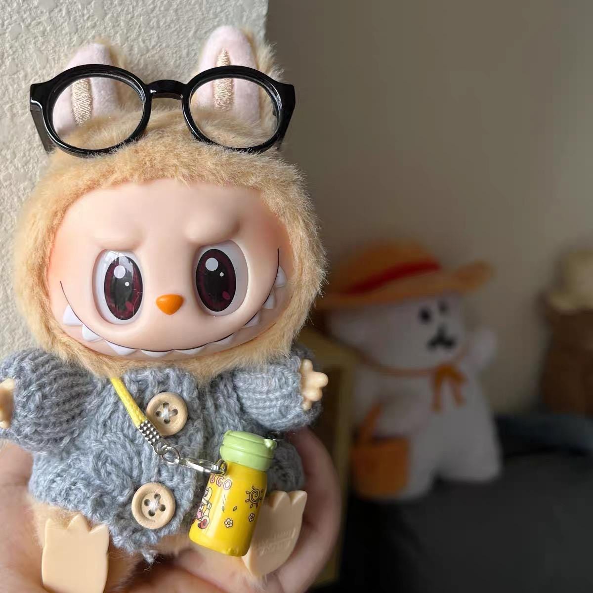 Handmade Knit "Chill Time Labubu" Outfit - Grey Knit Cardigan+Black Glasses+Cute Drink Bottle| Have a Seat Labubu Knit Outfits| Labubu Charm