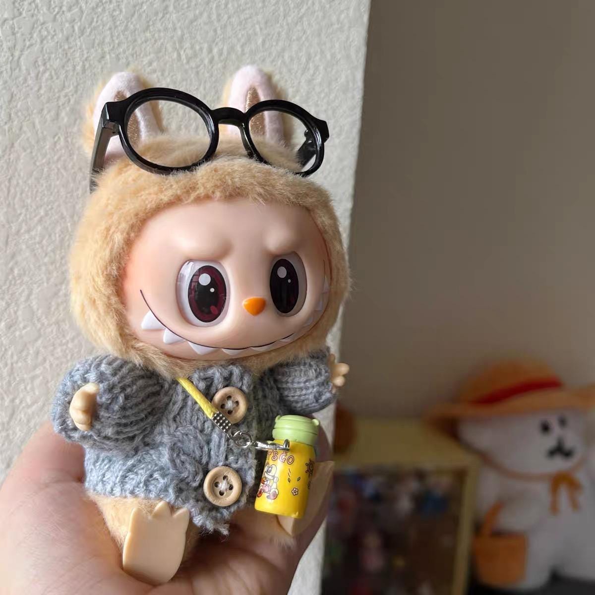 Handmade Knit "Chill Time Labubu" Outfit - Grey Knit Cardigan+Black Glasses+Cute Drink Bottle| Have a Seat Labubu Knit Outfits| Labubu Charm