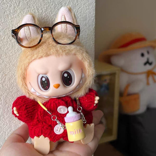 Handmade Knit "Campus Cozy Labubu" Outfit – Red Knit Cardigan Glasses & Baby Bottle | Knit 'Have A Seat' Labubu Clothes Bag Charms