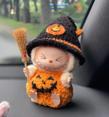 Handmade Halloween Pumpkin Labubu Outfit with Crochet Pumpkin Overalls Hat with Cute Brooch | Kawaii Crochet Clothes for Labubu Lovers