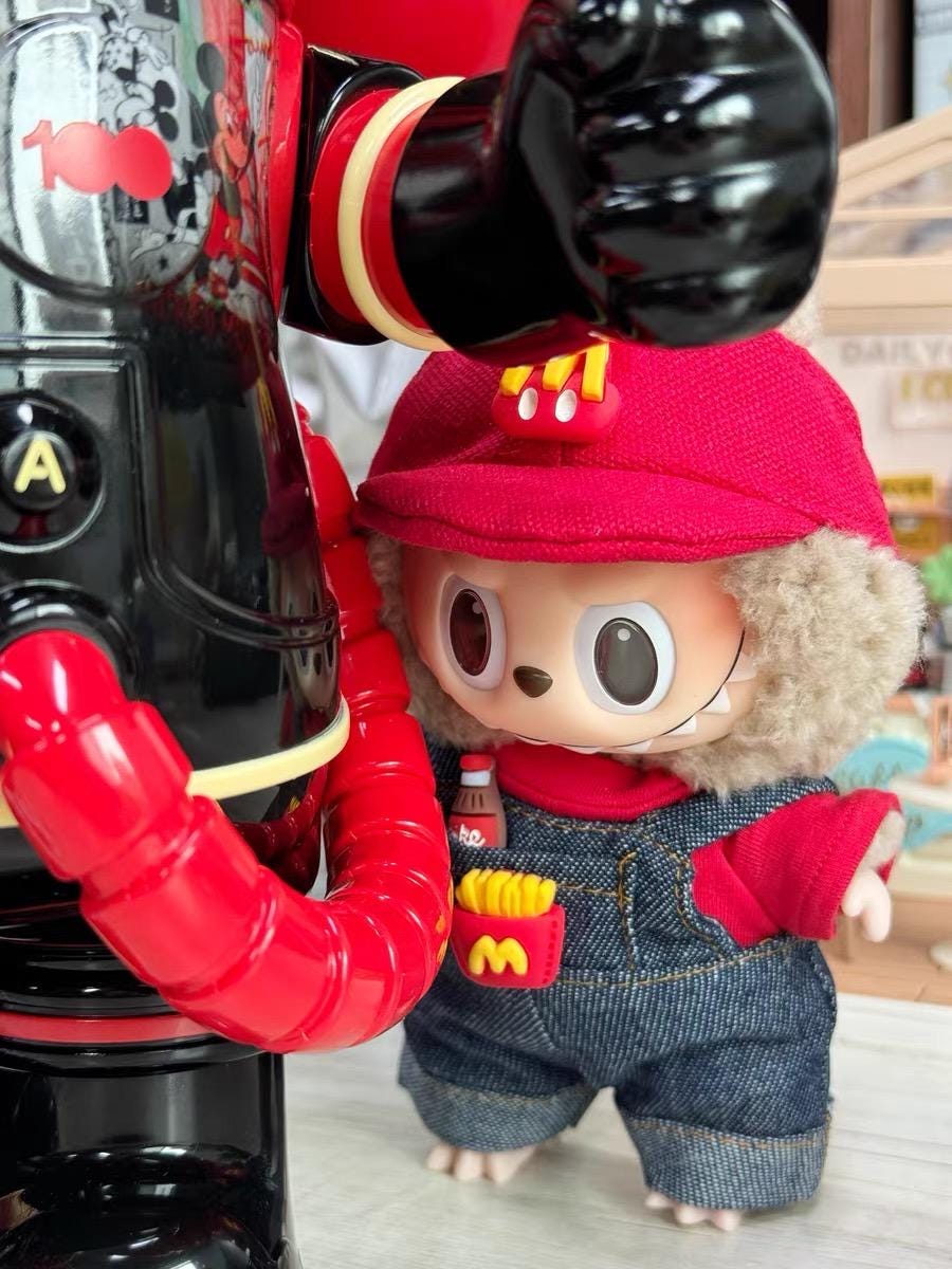 Handmade McDonald's Crew Member Labubu Outfit with McDonald's Hat | Dressmaking Designed for Macaron & Have A Seat Labubu Dolls