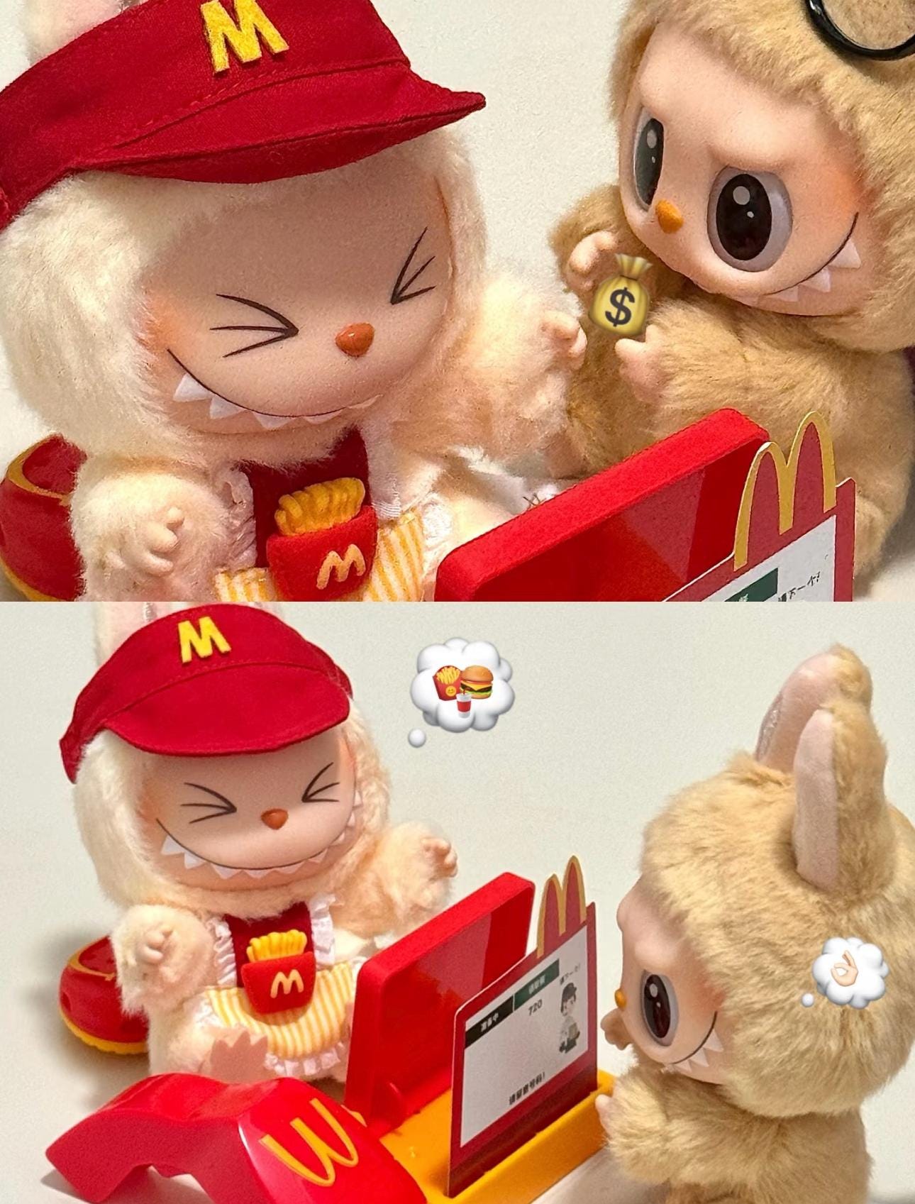 Handmade McDonald's Crew Member Labubu Outfit with McDonald's Hat | Dressmaking Designed for Macaron & Have A Seat Labubu Dolls