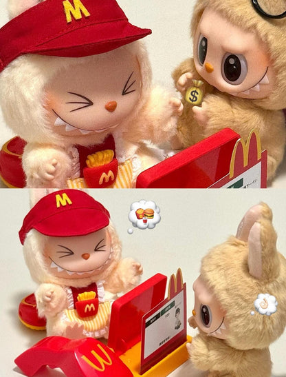 Handmade McDonald's Crew Member Labubu Outfit with McDonald's Hat | Dressmaking Designed for Macaron & Have A Seat Labubu Dolls