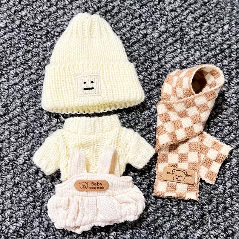 Cozy Winter Wonderland Knit Outfit for Labubu Dolls White Knit Sweater Cute Overall Beanie Scarf and White Sneakers Handmade Dressmaking Set