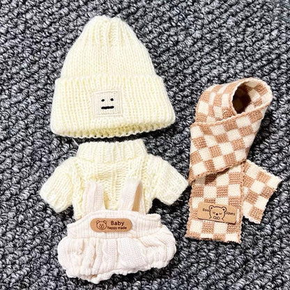 Cozy Winter Wonderland Knit Outfit for Labubu Dolls White Knit Sweater Cute Overall Beanie Scarf and White Sneakers Handmade Dressmaking Set