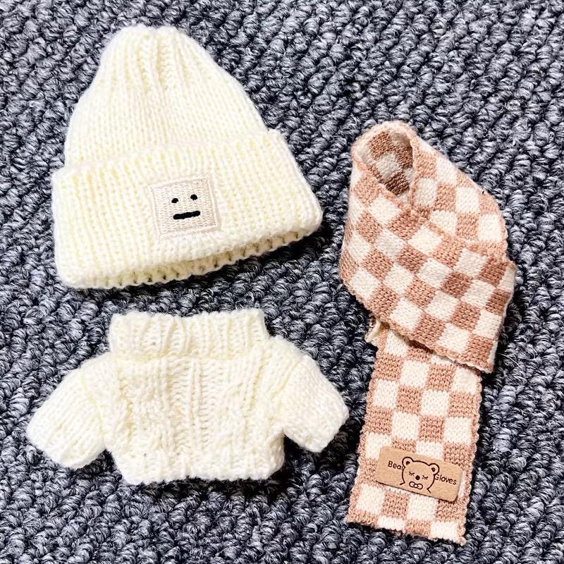 Cozy Winter Wonderland Knit Outfit for Labubu Dolls White Knit Sweater Cute Overall Beanie Scarf and White Sneakers Handmade Dressmaking Set