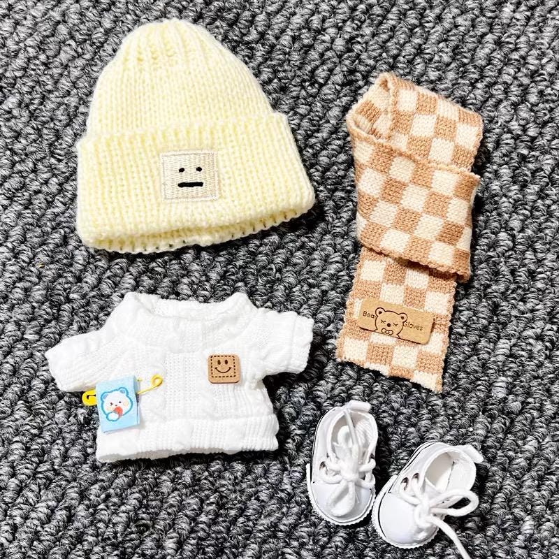 Cozy Winter Wonderland Knit Outfit for Labubu Dolls White Knit Sweater Cute Overall Beanie Scarf and White Sneakers Handmade Dressmaking Set