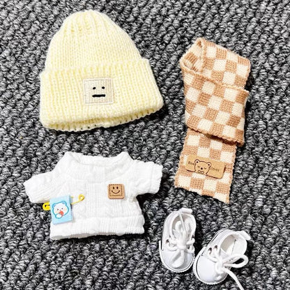 Cozy Winter Wonderland Knit Outfit for Labubu Dolls White Knit Sweater Cute Overall Beanie Scarf and White Sneakers Handmade Dressmaking Set
