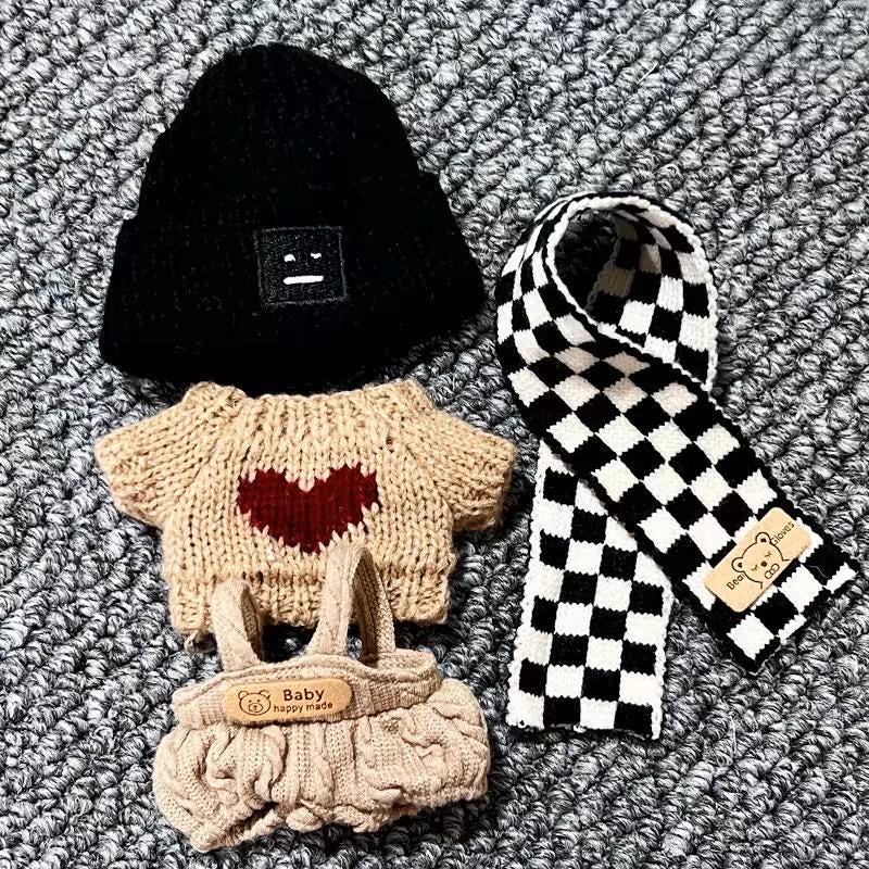 Handmade Knit Urban Winter Labubu Outfit - Cool Earth Tones | Brown Knit Sweater Black Beanie&Brown Overalls | Kawaii Gift for Labubu Lovers
