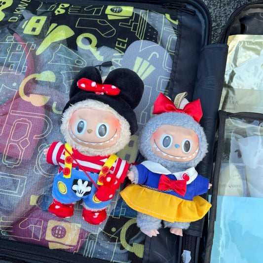 Handmade Snow White-Inspired Labubu Outfit with Red Bow, Blue & Yellow Dress, Fluffy Bag Strawberry Charm | Fairy Tale Labubu Doll Clothes