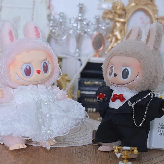 Handmade Formal Wedding Suit with Red Bow Tie & Rose Boutonniere | Labubu Doll Wedding Suit | Elegant Doll Clothes| Wedding Gift Decoration