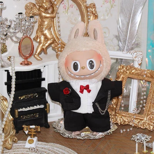 Handmade Formal Wedding Suit with Red Bow Tie & Rose Boutonniere | Labubu Doll Wedding Suit | Elegant Doll Clothes| Wedding Gift Decoration