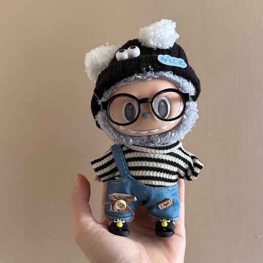 Handmade Doll Outfit for Labubu 17cm Dolls -Black & White Striped Sweater Denim Overalls with Cute Charms Cozy Bear Beanie Hat Glasses Set