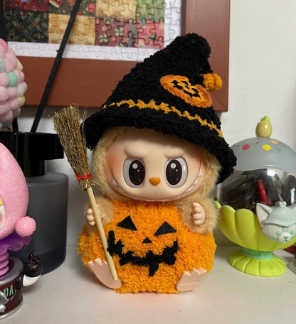 Handmade Halloween Pumpkin Labubu Outfit with Crochet Pumpkin Overalls Hat with Cute Brooch | Kawaii Crochet Clothes for Labubu Lovers