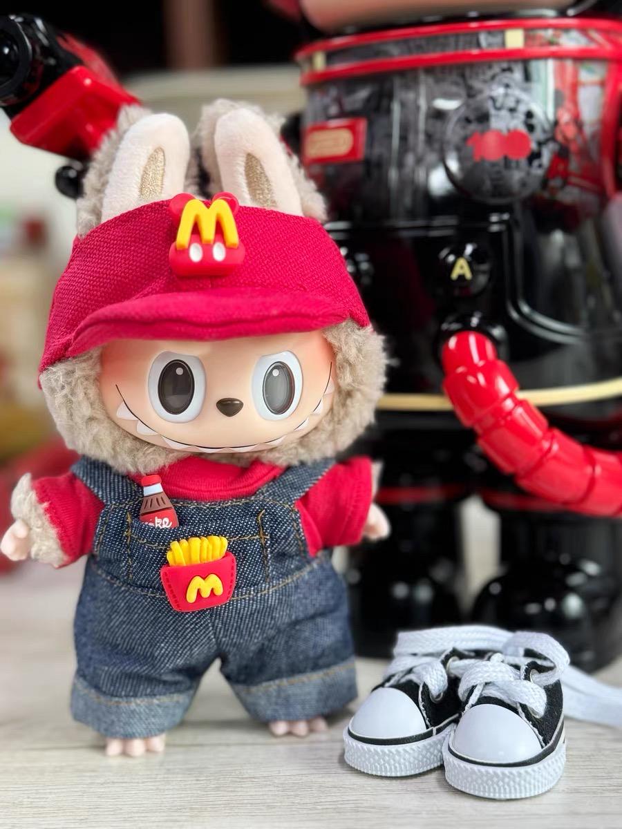 Handmade McDonald's Crew Member Labubu Outfit with McDonald's Hat | Dressmaking Designed for Macaron & Have A Seat Labubu Dolls