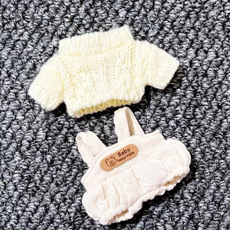 Cozy Winter Wonderland Knit Outfit for Labubu Dolls White Knit Sweater Cute Overall Beanie Scarf and White Sneakers Handmade Dressmaking Set