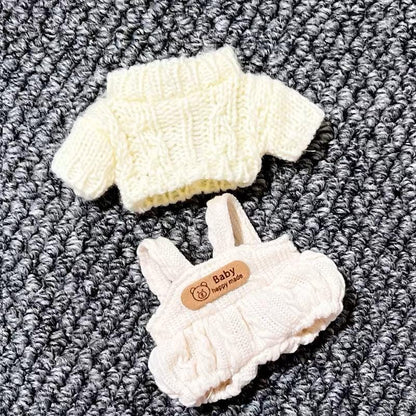 Cozy Winter Wonderland Knit Outfit for Labubu Dolls White Knit Sweater Cute Overall Beanie Scarf and White Sneakers Handmade Dressmaking Set