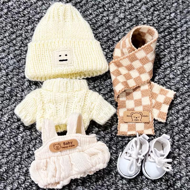 Cozy Winter Wonderland Knit Outfit for Labubu Dolls White Knit Sweater Cute Overall Beanie Scarf and White Sneakers Handmade Dressmaking Set
