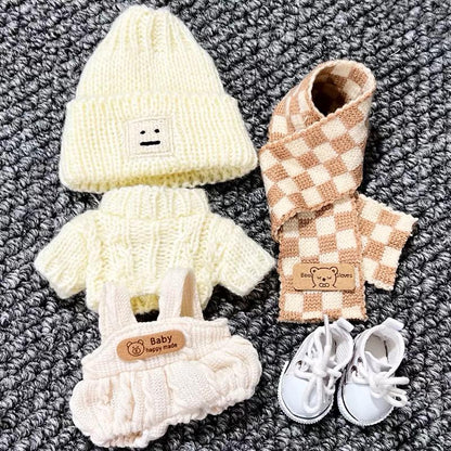 Cozy Winter Wonderland Knit Outfit for Labubu Dolls White Knit Sweater Cute Overall Beanie Scarf and White Sneakers Handmade Dressmaking Set
