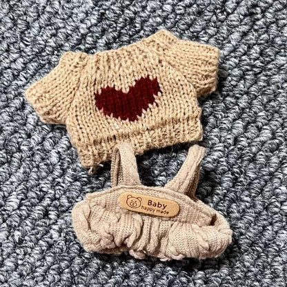 Handmade Knit Urban Winter Labubu Outfit - Cool Earth Tones | Brown Knit Sweater Black Beanie&Brown Overalls | Kawaii Gift for Labubu Lovers