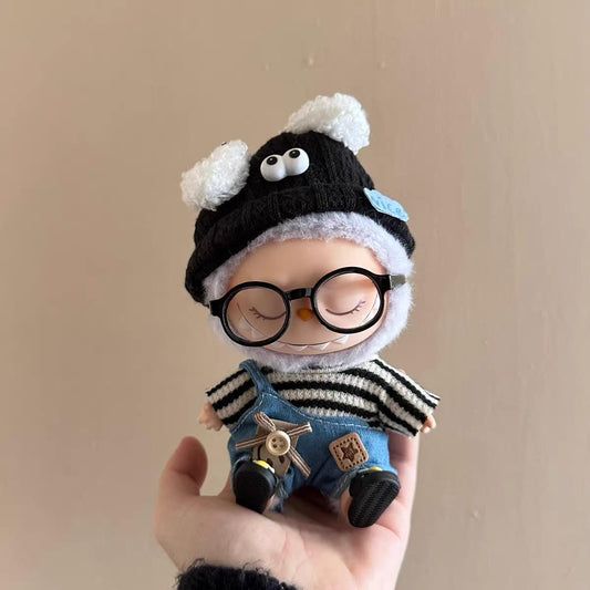 Handmade Doll Outfit for Labubu 17cm Dolls -Black & White Striped Sweater Denim Overalls with Cute Charms Cozy Bear Beanie Hat Glasses Set