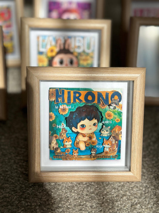 Handmade Cute Hirono with Cats 3D Shadow Box | Handmade Framed Art | Pond & Sunflowers Scene | Perfect Gift
