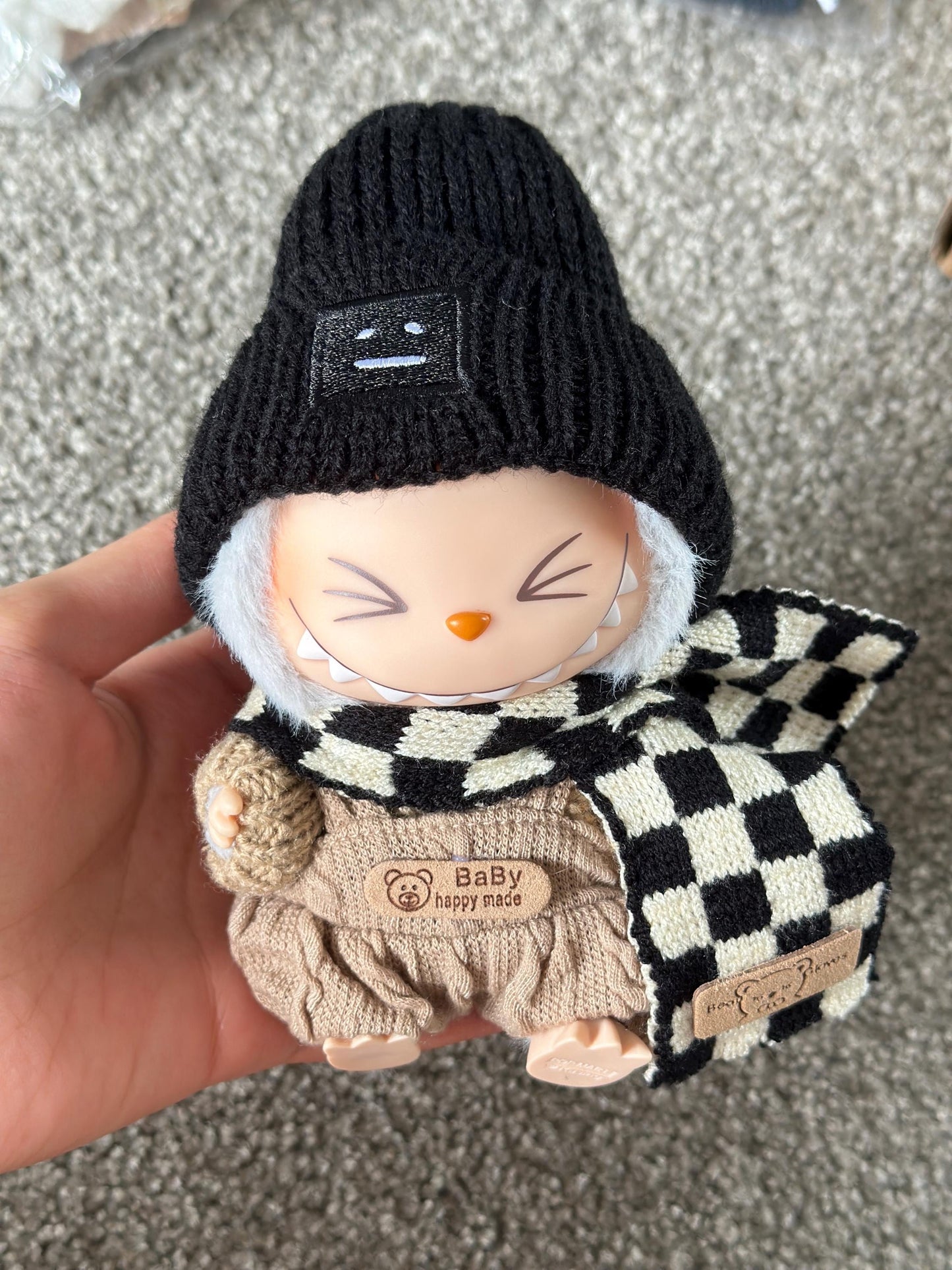 Handmade Knit Urban Winter Labubu Outfit - Cool Earth Tones | Brown Knit Sweater Black Beanie&Brown Overalls | Kawaii Gift for Labubu Lovers