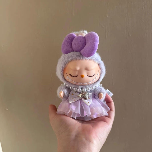 Handmade Doll Clothes Labubu Clothes – Lace Dress, Pearl Necklace & Bow Set | Cute Labubu Outfits in Blue, Pink, Purple | DIY Doll Outfit