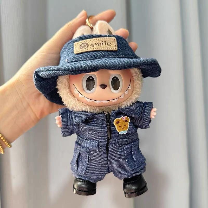 Handmade Labubu Outfit - "Country Picnic Day" Denim Bodysuit, Bucket Hat & Shoes | Macaron Series Fit Labubu Macaron Doll Clothes Set Gift