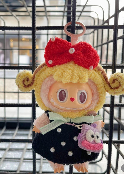 Handmade Crochet Curly Hair Girl Outfit for Macaron Labubu | Crochet Macaron Labubu Clothes Bag Charm | Kawaii Gift For Labubu Lovers