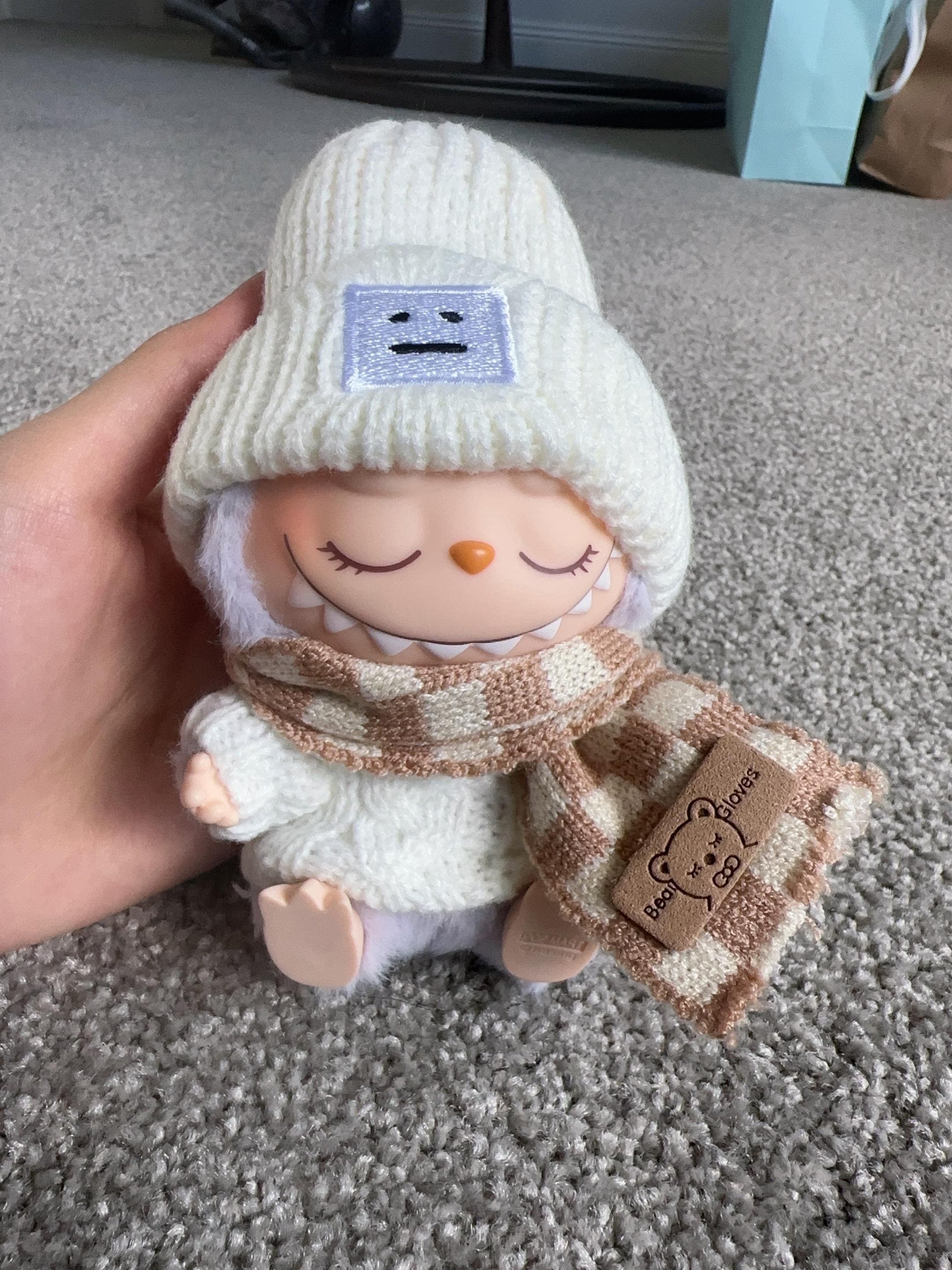 Cozy Winter Wonderland Knit Outfit for Labubu Dolls White Knit Sweater Cute Overall Beanie Scarf and White Sneakers Handmade Dressmaking Set