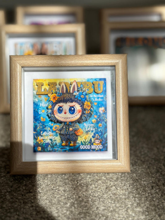 Handmade Labubu in Floral Suit 3D Shadow Box | Handmade Framed Art | Starry Night Theme | Perfect Gift | Handmade Inspired Paper-Cut Frame |