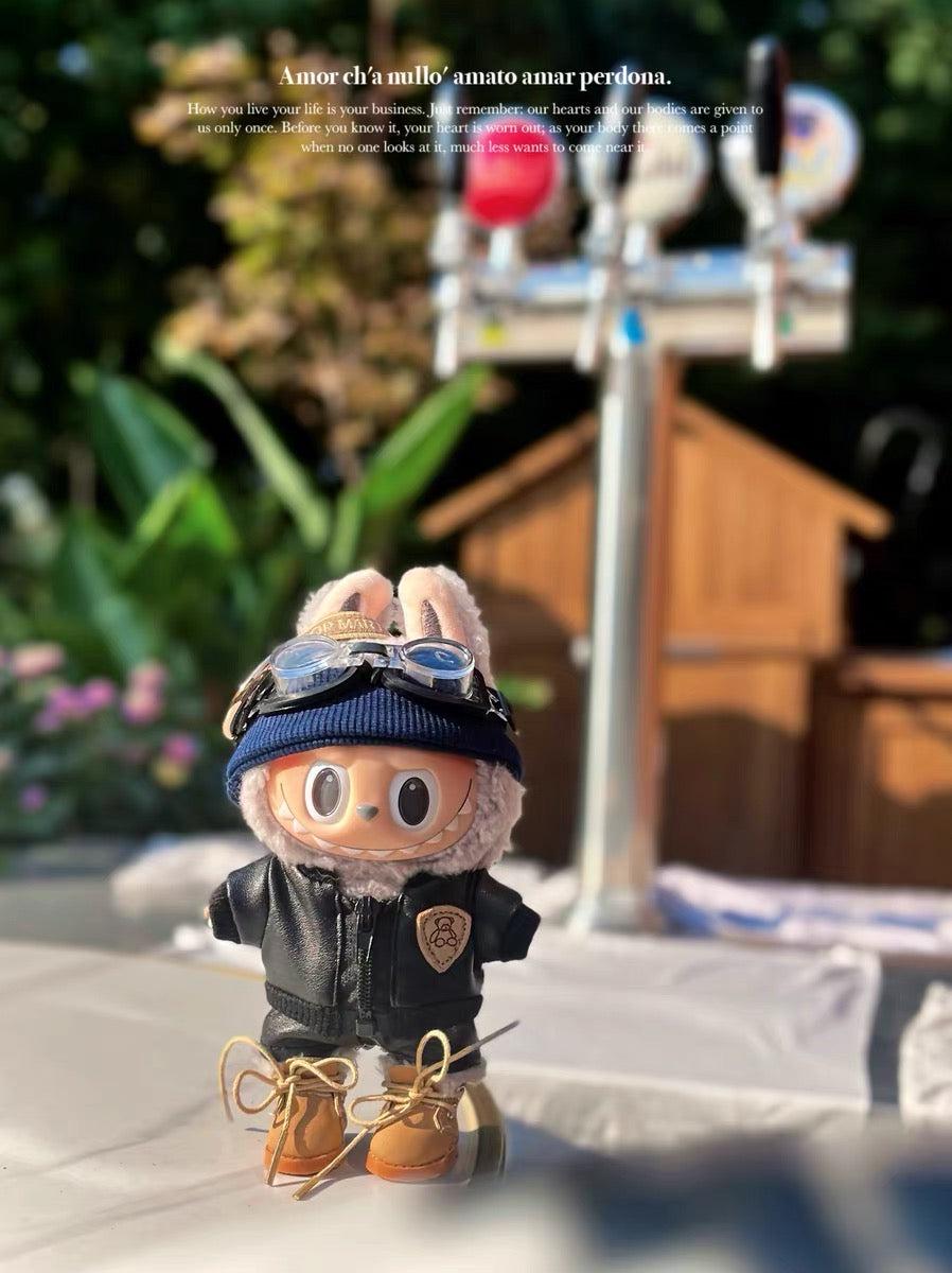 Handmade Labubu Motorbike Rider Outfit Set Leather Jacket, Goggles, Beanie & Boots Cool Custom Doll Accessories