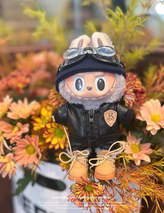 Handmade Labubu Motorbike Rider Outfit Set Leather Jacket, Goggles, Beanie & Boots Cool Custom Doll Accessories