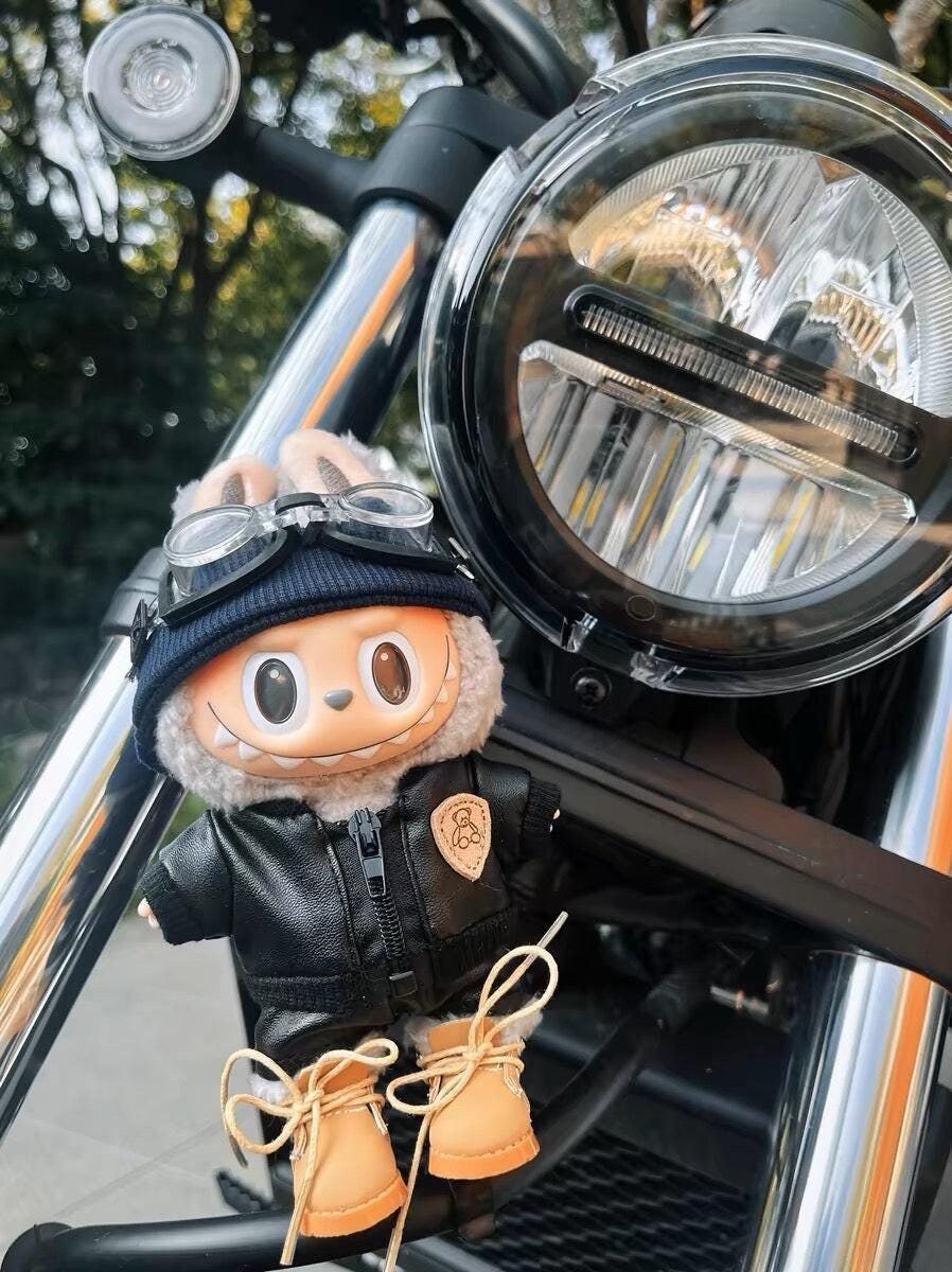 Handmade Labubu Motorbike Rider Outfit Set Leather Jacket, Goggles, Beanie & Boots Cool Custom Doll Accessories